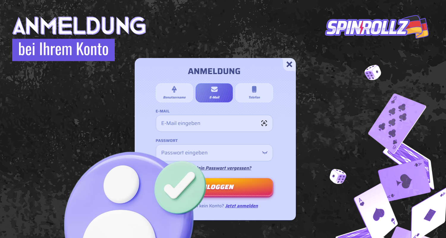 Die Anmeldung bei Spinrollz kann ganz einfach in wenigen Schritten erfolgen